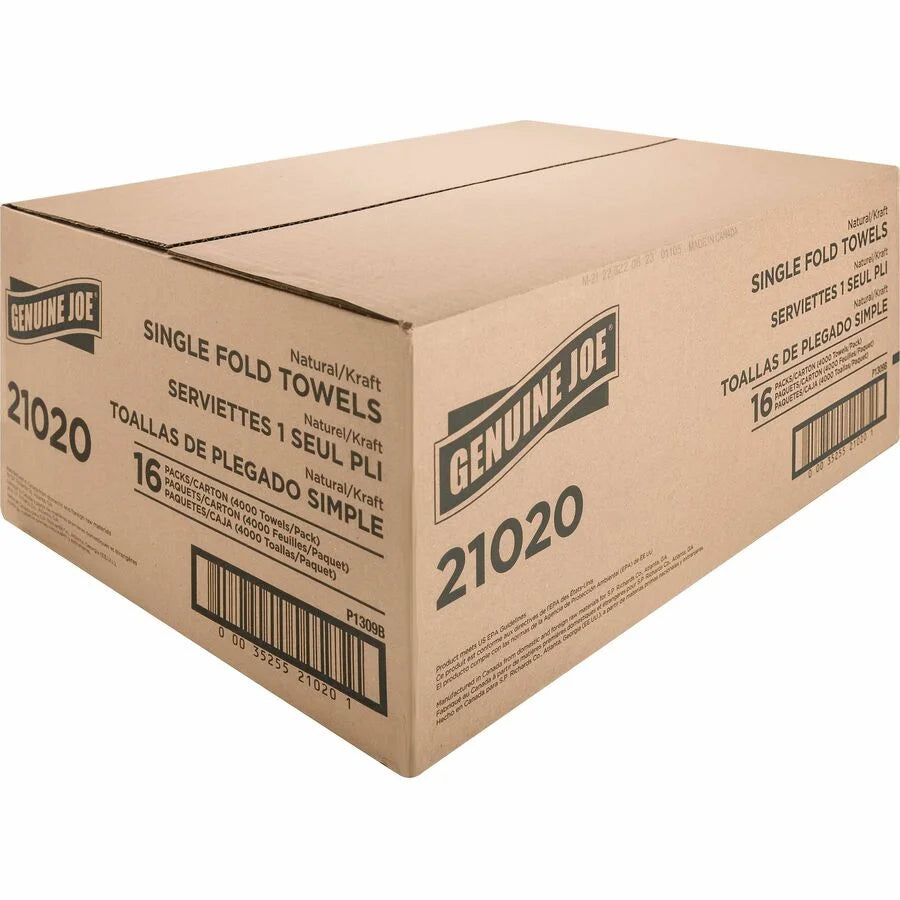 Genuine Joe Single-Fold Paper Towels - Natural Fiber 1-Ply - 250 Sheets/Pack