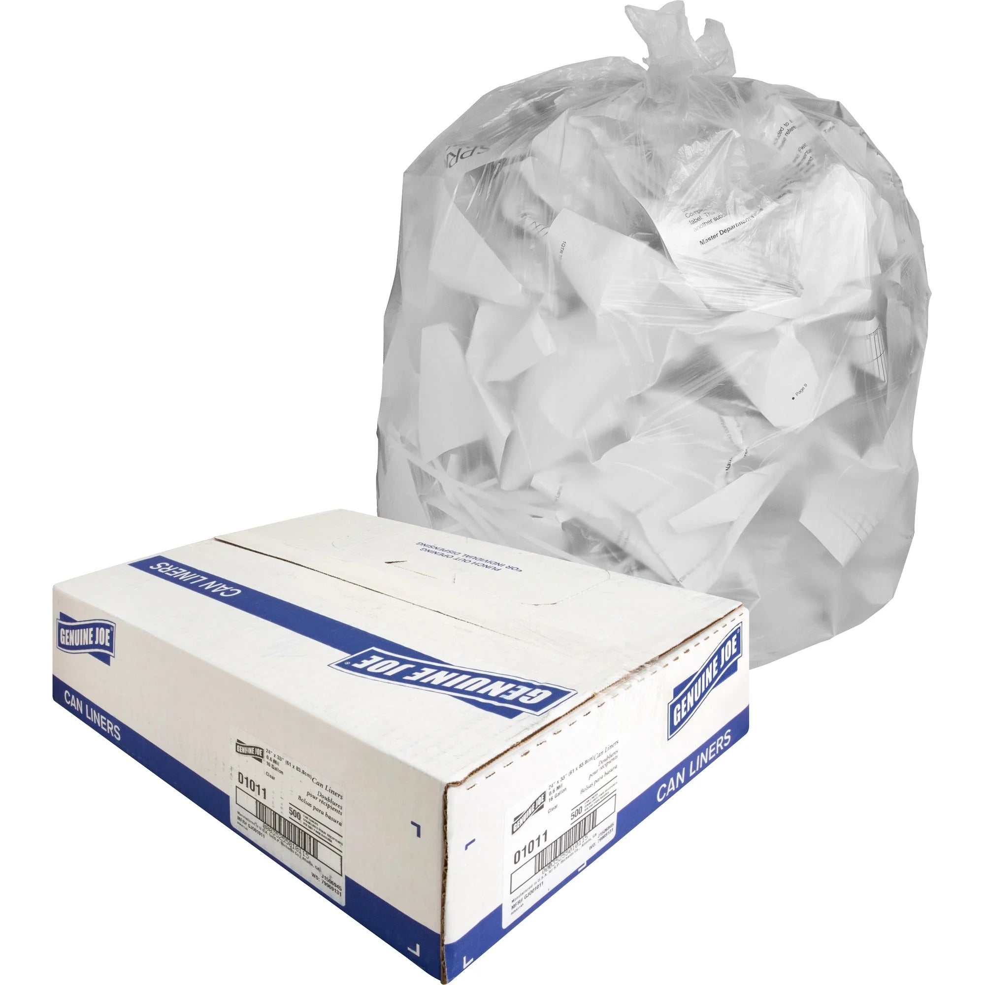 Genuine Joe Small Clear Trash Can Liners - 16 gal Capacity - 500/Box - Bags &