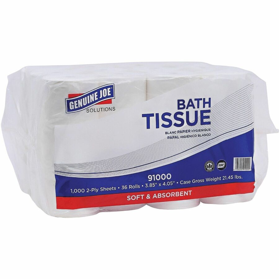 Genuine Joe Solutions Double Capacity Bath Tissue - 2 Ply - 1000 Sheets/Roll - WhitePack - 36/Pack - 56 / Pallet