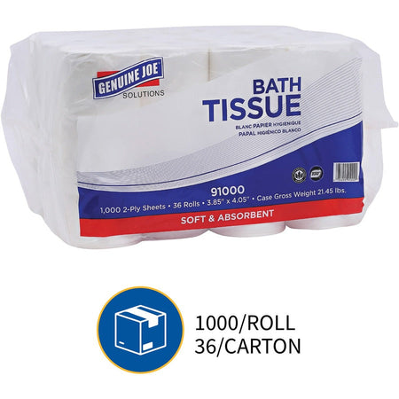 Genuine Joe Solutions Double Capacity Bath Tissue - 2 Ply - 1000 Sheets/Roll - 0.71’’ Core - White - Virgin Fiber - 36