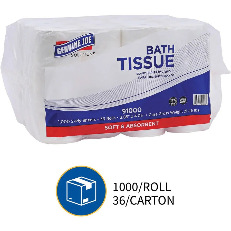 Genuine Joe Solutions Double Capacity Bath Tissue - 2 Ply - 1000 Sheets/Roll - 0.71’’ Core - White - Virgin Fiber - 36