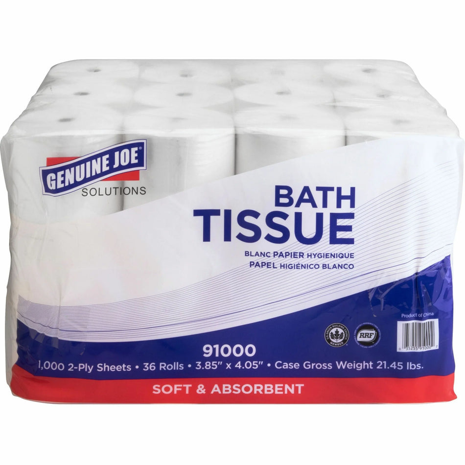 Genuine Joe Solutions Double Capacity Bath Tissue - 2 Ply - 1000 Sheets/Roll - 0.71’’ Core - White - Virgin Fiber - 36