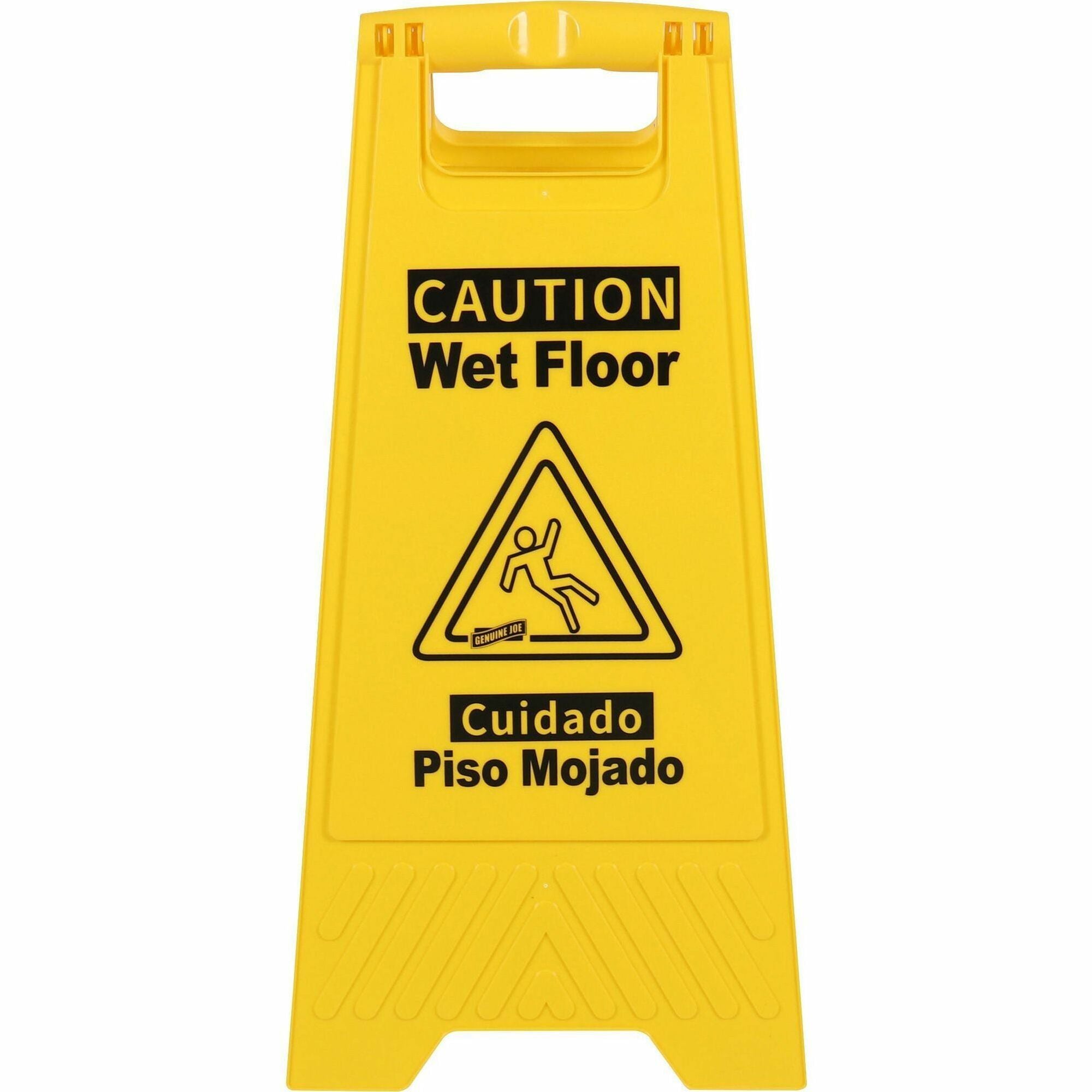 Genuine Joe Universal Graphic Wet Floor Sign - 1 Each - English Spanish - Print/Message - Foldable - Yellow - Safety