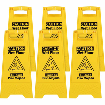 Genuine Joe Wet Floor Sign: English/Spanish Print - Foldable - Yellow - Safety Signs