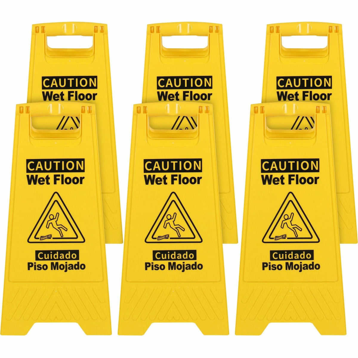 Genuine Joe Wet Floor Sign: English/Spanish Print - Foldable - Yellow - Safety Signs