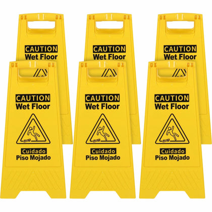 Genuine Joe Wet Floor Sign: English/Spanish Print - Foldable - Yellow - Safety Signs