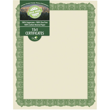 Geographics Tree Free Certificate: 8.5’’ Multicolor with Green Border - Sugarcane 15/Pack - Certificates & Seals