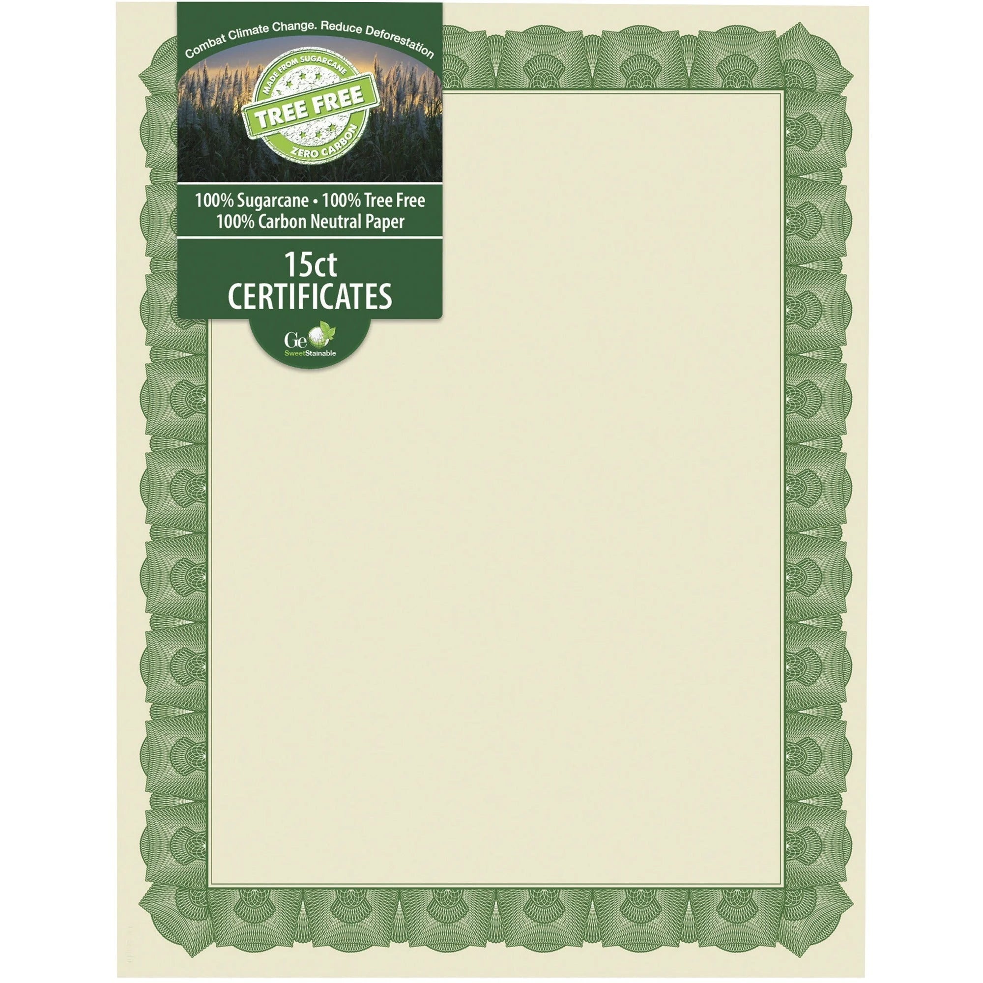 Geographics Tree Free Certificate: 8.5’’ Multicolor with Green Border - Sugarcane 15/Pack - Certificates & Seals