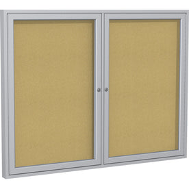 Ghent 2-Door Enclosed Bulletin Board: 36x60 Cork Surface Shatter Resistant - Satin Aluminum Frame - Boards