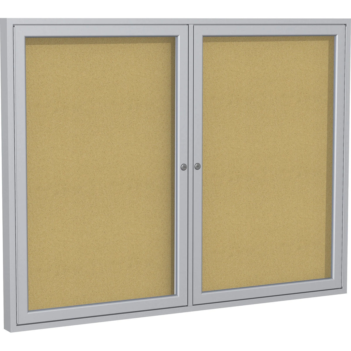 Ghent 2-Door Enclosed Bulletin Board: 36x60 Cork Surface Shatter Resistant - Satin Aluminum Frame - Boards