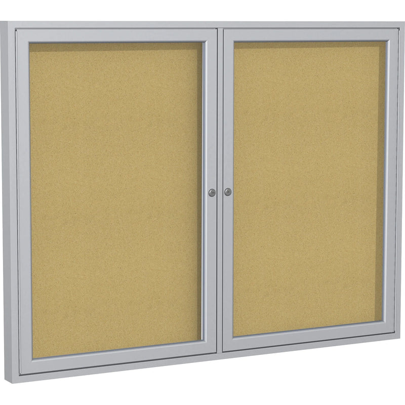 Ghent 2-Door Enclosed Bulletin Board: 36x60 Cork Surface Shatter Resistant - Satin Aluminum Frame - Boards
