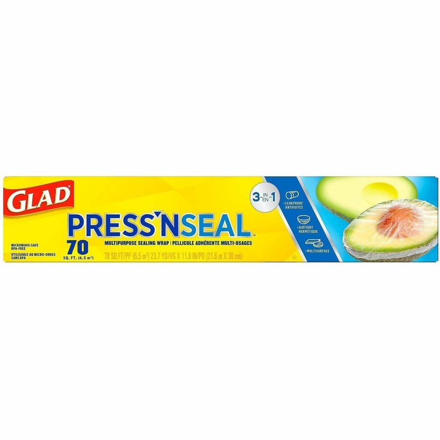 Glad 70 Square Foot Press’n Seal Food Plastic Wrap - 11.80’’ Width x 71.10 ft Length - Durable Freezer Safe Microwave