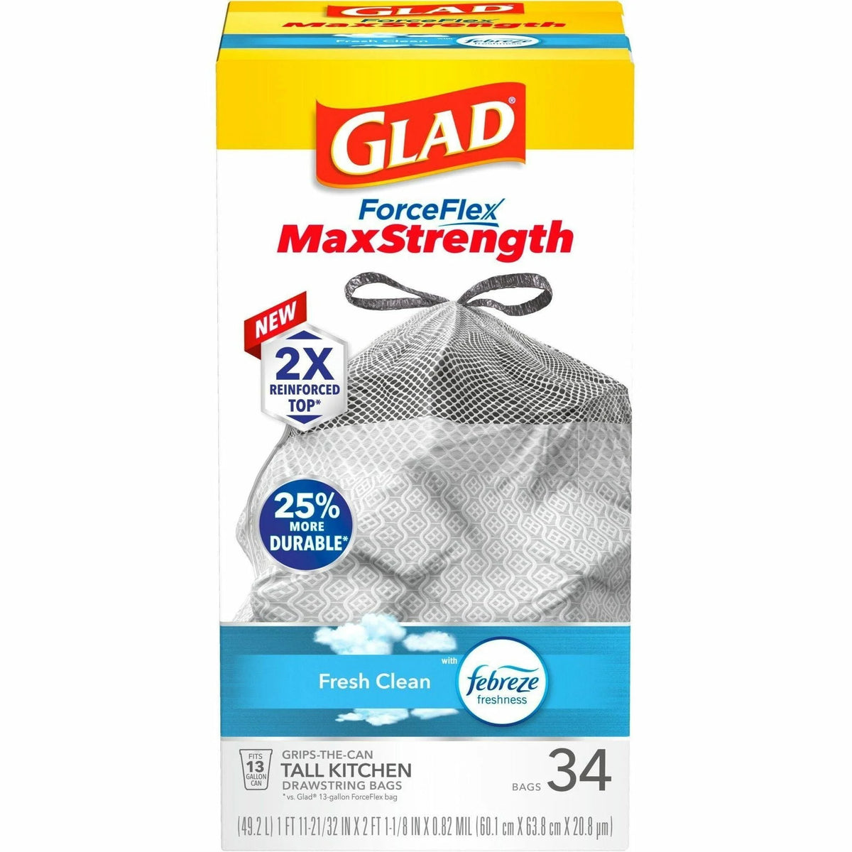 Glad ForceFlex MaxStrength Kitchen Trash Bags - Fresh Clean with Febreze - 13 gal - 34/Box - & Liners