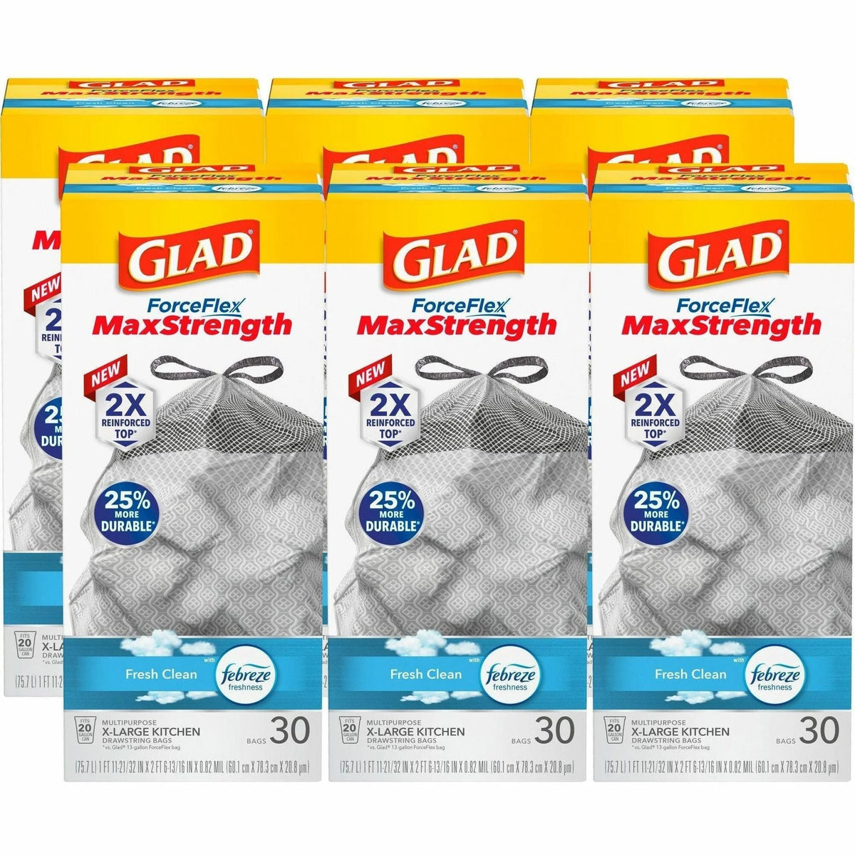 Glad ForceFlex MaxStrength X-Large Trash Bags - Fresh Clean with Febreze - 20 gal - 30/Box - & Liners