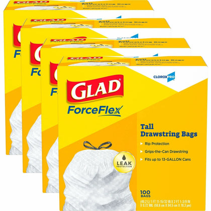 Glad ForceFlex Tall Kitchen Drawstring Trash Bags - 13 gal - White - 100/Box - & Liners