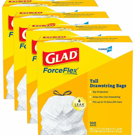 Glad ForceFlex Tall Kitchen Drawstring Trash Bags - 13 gal - White - 100/Box - & Liners