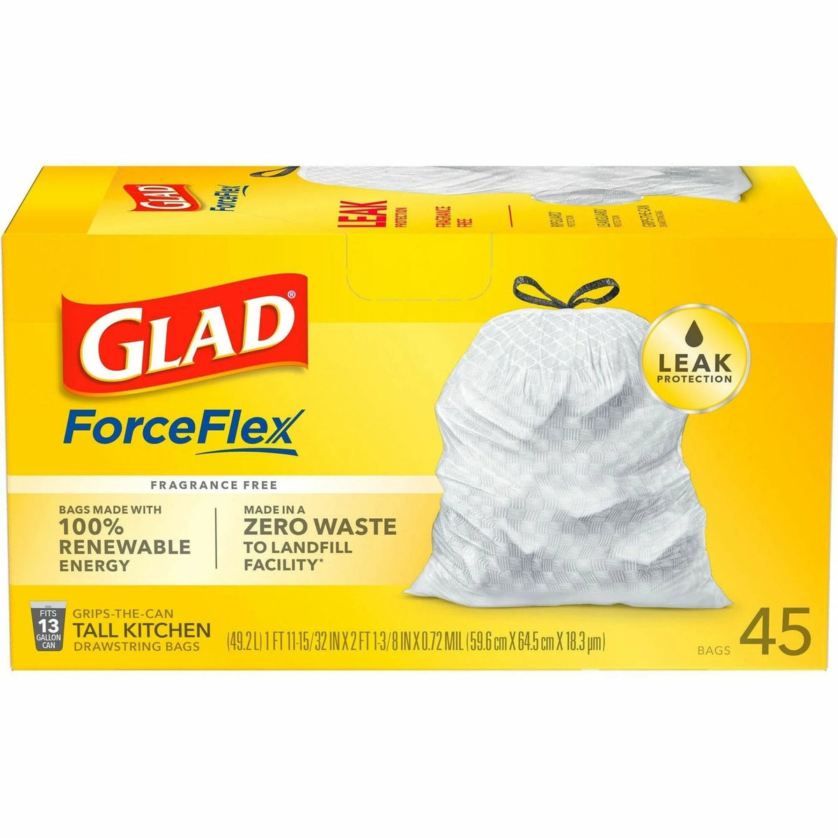 Glad ForceFlex Tall Kitchen Trash Bags - 13 gal - 27’’x24’’ - 1 mil - White - 390/Pallet - & Liners
