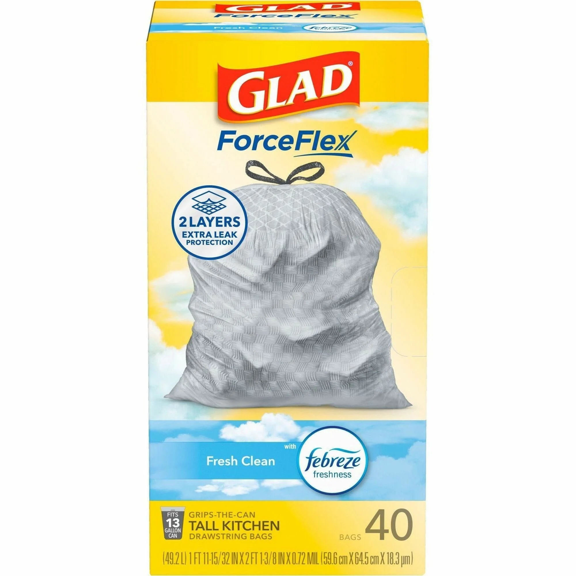 Glad ForceFlex Tall Kitchen Trash Bags - Fresh Clean with Febreze - 13 gal - 40/Box - & Liners