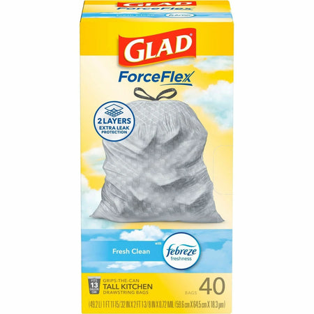 Glad ForceFlex Tall Kitchen Trash Bags - Fresh Clean with Febreze - 13 gal - 40/Box - & Liners