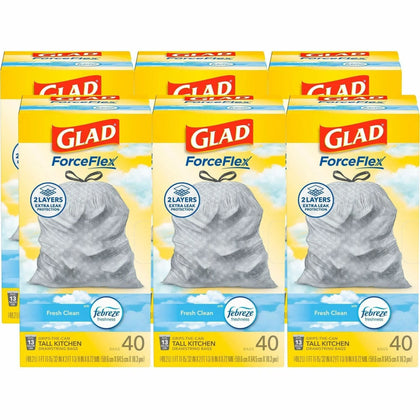 Glad ForceFlex Tall Kitchen Trash Bags - Fresh Clean with Febreze - 13 gal - 40/Box - & Liners