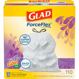 Glad ForceFlex Tall Kitchen Trash Bags - Gain Lavender Scent - 13 gal - 110/Box - Waste Containers & Lids