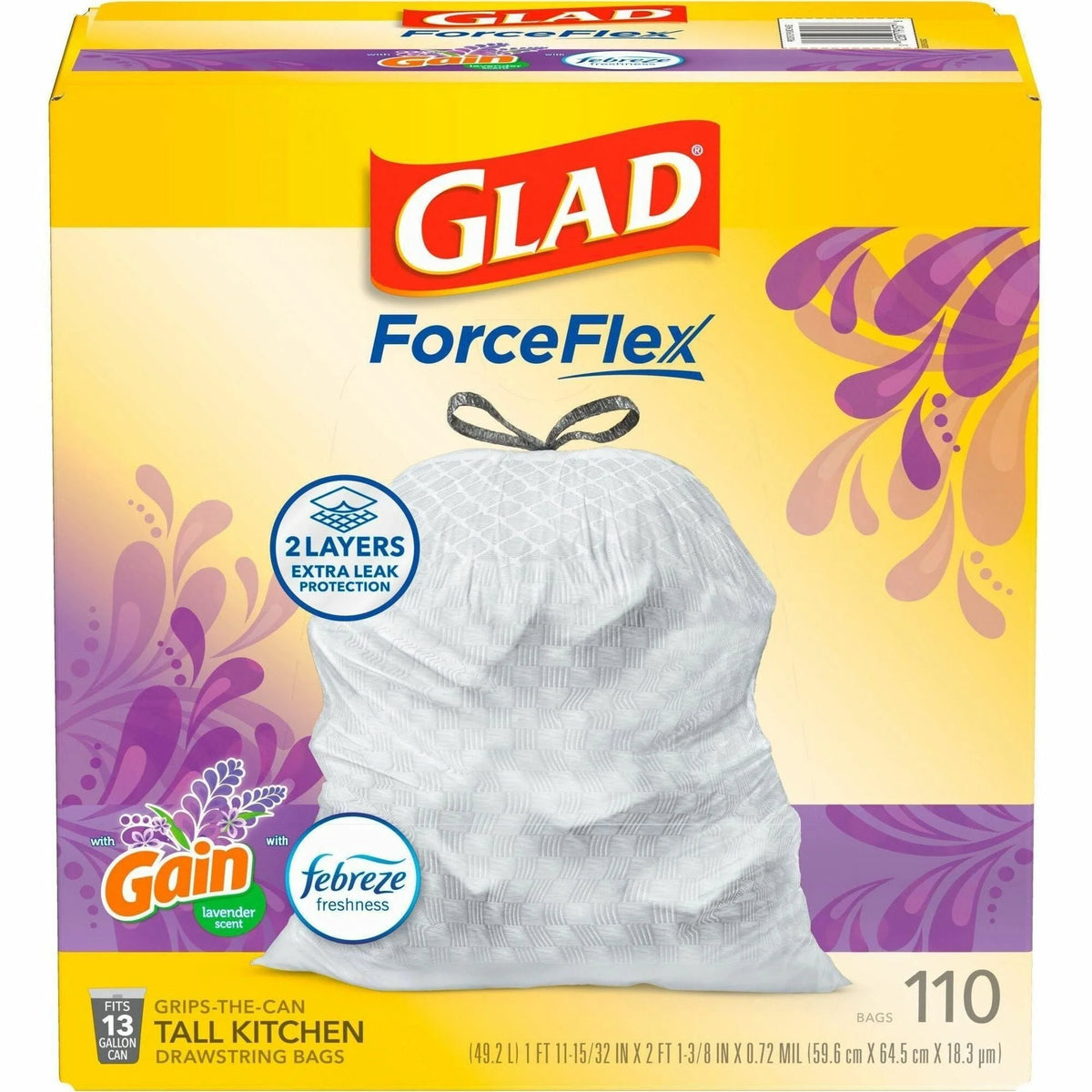 Glad ForceFlex Tall Kitchen Trash Bags - Gain Lavender Scent - 13 gal - 110/Box - Waste Containers & Lids