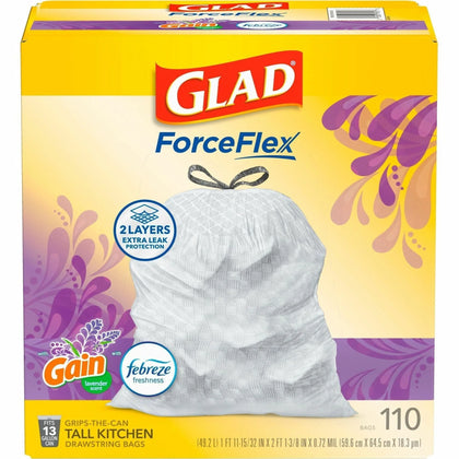 Glad ForceFlex Tall Kitchen Trash Bags - Gain Lavender Scent - 13 gal - 110/Box - Waste Containers & Lids