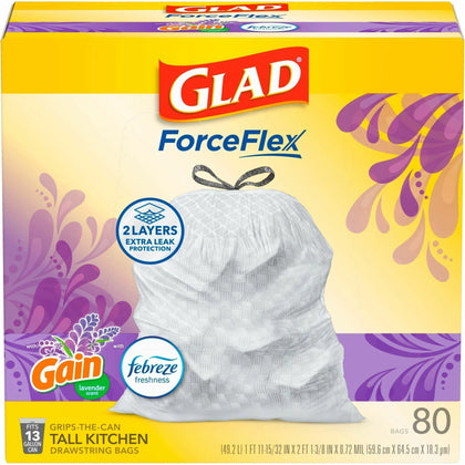 Glad ForceFlex Tall Kitchen Trash Bags - Gain Lavender Scent - 13 gal - 80/Box - & Liners