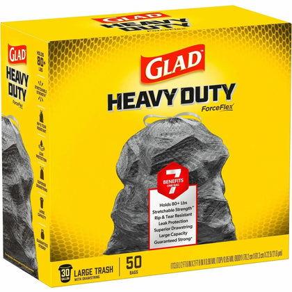 Glad ForceFlexPlus Large Trash Bags - 30 gal Capacity - Drawstring Closure - 50/Box - & Liners