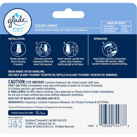 Glade PlugIns Oil Refill - Clean Linen - 50 Day - Long Lasting - 3 / Pack - Air Freshener Dispensers