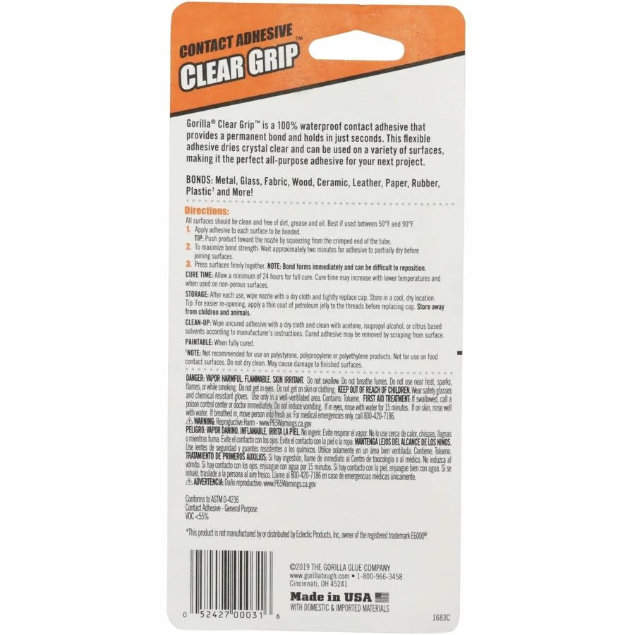 Gorilla Clear Grip Contact Adhesive - Strong Bond - 3 fl oz - All-Purpose Glue