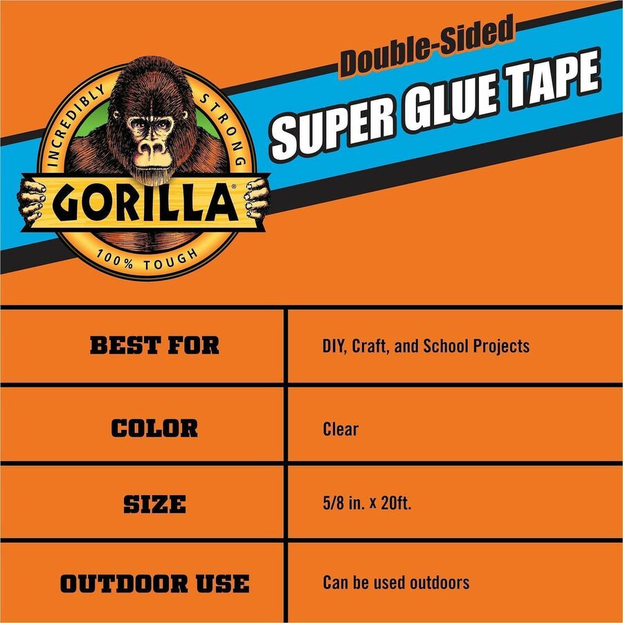 Gorilla Double-Sided Super Glue Tape - 20 ft Length x 0.62’’ Width - Clear - For Multipurpose Indoor Outdoor Craft