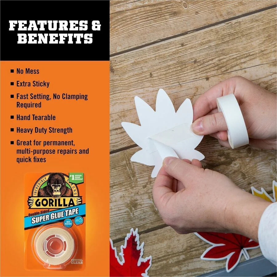Gorilla Double-Sided Super Glue Tape - 20 ft x 0.62’’ - Clear - Multipurpose Indoor/Outdoor Craft