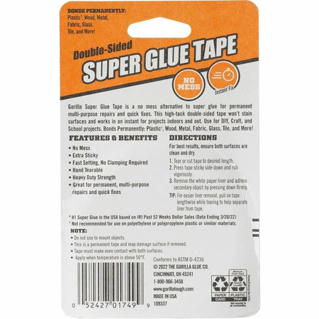 Gorilla Double-Sided Super Glue Tape - 20 ft x 0.62’’ - Clear - Multipurpose Indoor/Outdoor Craft