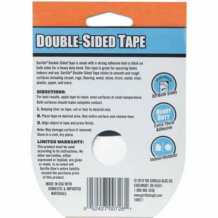 Gorilla Double-Sided Tape: 24ft x 1.40’’ - Gray - Strong Adhesive Bond - Tape