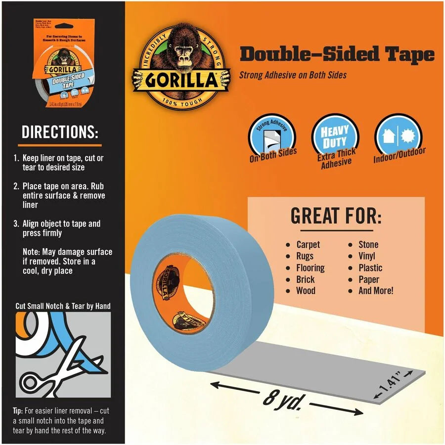 Gorilla Double-Sided Tape: 24ft x 1.40’’ - Gray - Strong Adhesive Bond - Tape