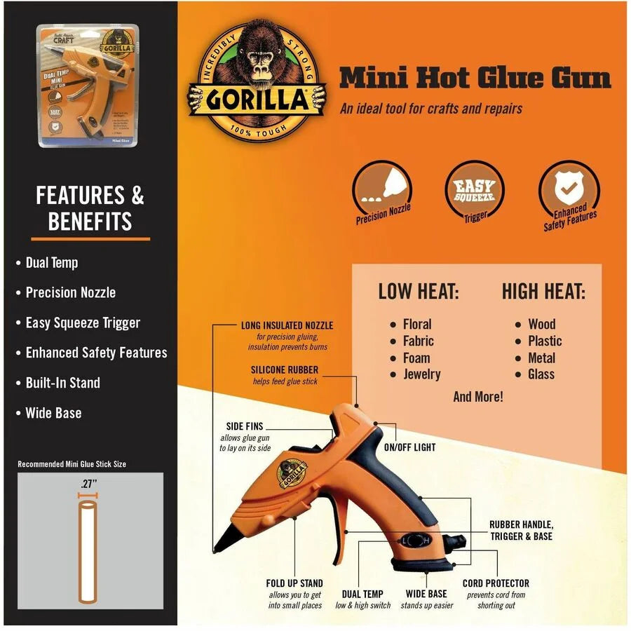 Gorilla Dual Temp Mini Hot Glue Gun - Orange Black - Guns & Accessories