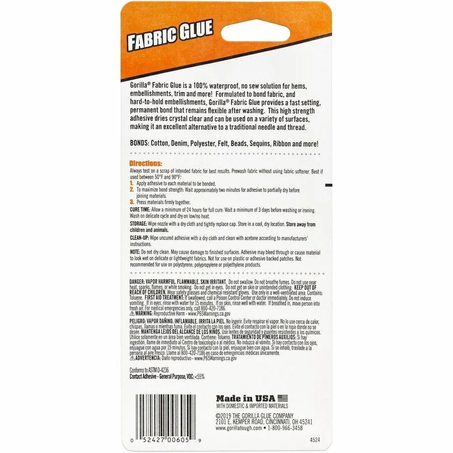 Gorilla Fabric Glue: 2.50 fl oz Clear Adhesive - 1 Pack - All-Purpose Glue