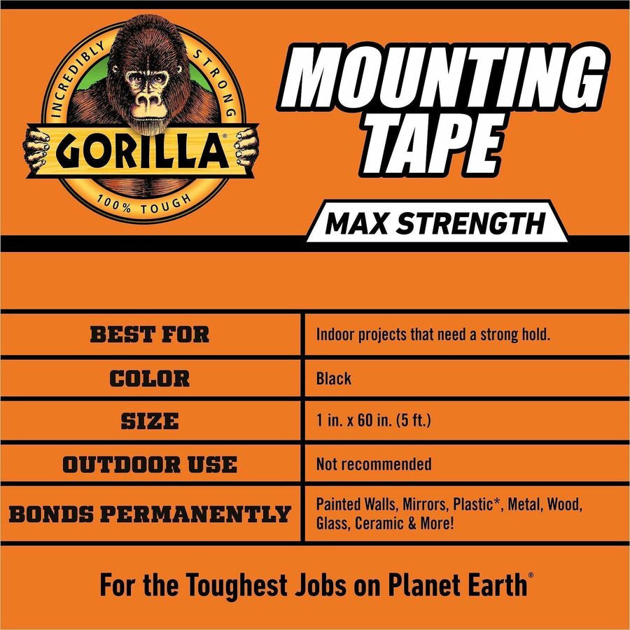 Gorilla Glue Max-Strength Mounting Tape - 5 ft Length x 1’’ Width - Black - For Multi Surface Indoor - 1 Each - & Putty