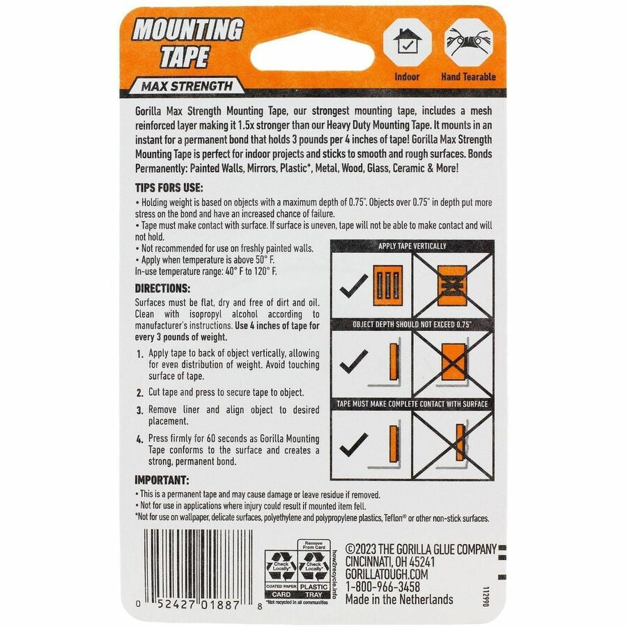 Gorilla Glue Max-Strength Mounting Tape - 5 ft Length x 1’’ Width - Black - For Multi Surface Indoor - 1 Each - & Putty