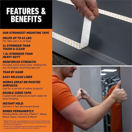 Gorilla Glue Max-Strength Mounting Tape - 5 ft Length x 1’’ Width - Black - For Multi Surface Indoor - 1 Each - & Putty