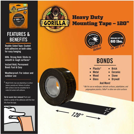 Gorilla Heavy Duty Mounting Tape: 10ft x 1’’ Black - 1 Roll - Tape & Putty