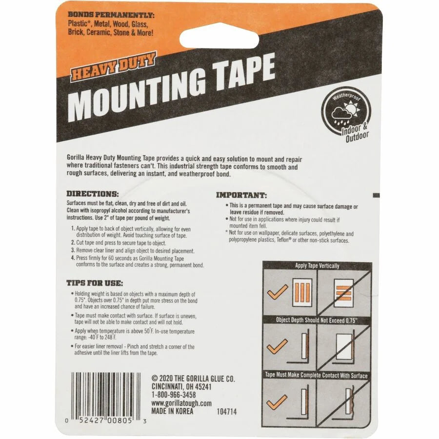 Gorilla Heavy Duty Mounting Tape: 10ft x 1’’ Black - 1 Roll - Tape & Putty