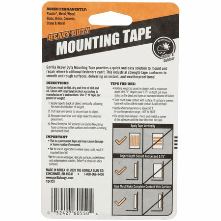 Gorilla Heavy Duty Mounting Tape - 5 ft Length x 1’’ Width - Black - 1 Each - & Putty