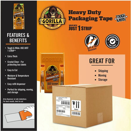 Gorilla Heavy-Duty Shipping Tape: Tough & Wide Clear 35 yd x 2.83’’ - Dispenser Included - Packing Tape Dispensers
