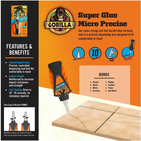 Gorilla Micro Precise Super Glue: Strong Clear Adhesive - 0.19 oz - Glue