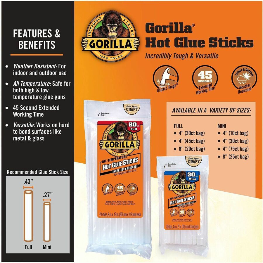 Gorilla Mini Hot Glue Sticks - Clear - 30 / Pack