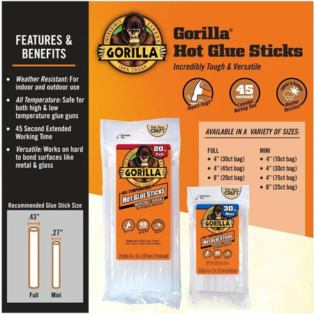 Gorilla Mini Hot Glue Sticks: Clear Adhesive - 75 Pack - Sticks