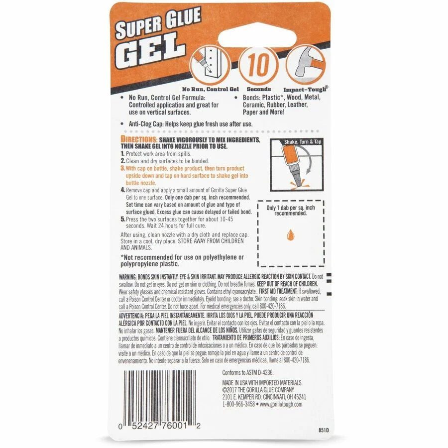 Gorilla Super Glue Gel: Clear 0.53 oz - Strong Adhesive Bond