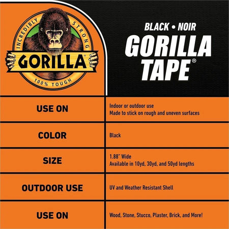 Gorilla Tape: 10 yd x 1.88’’ Black - Heavy-Duty Adhesive Tape - Duct